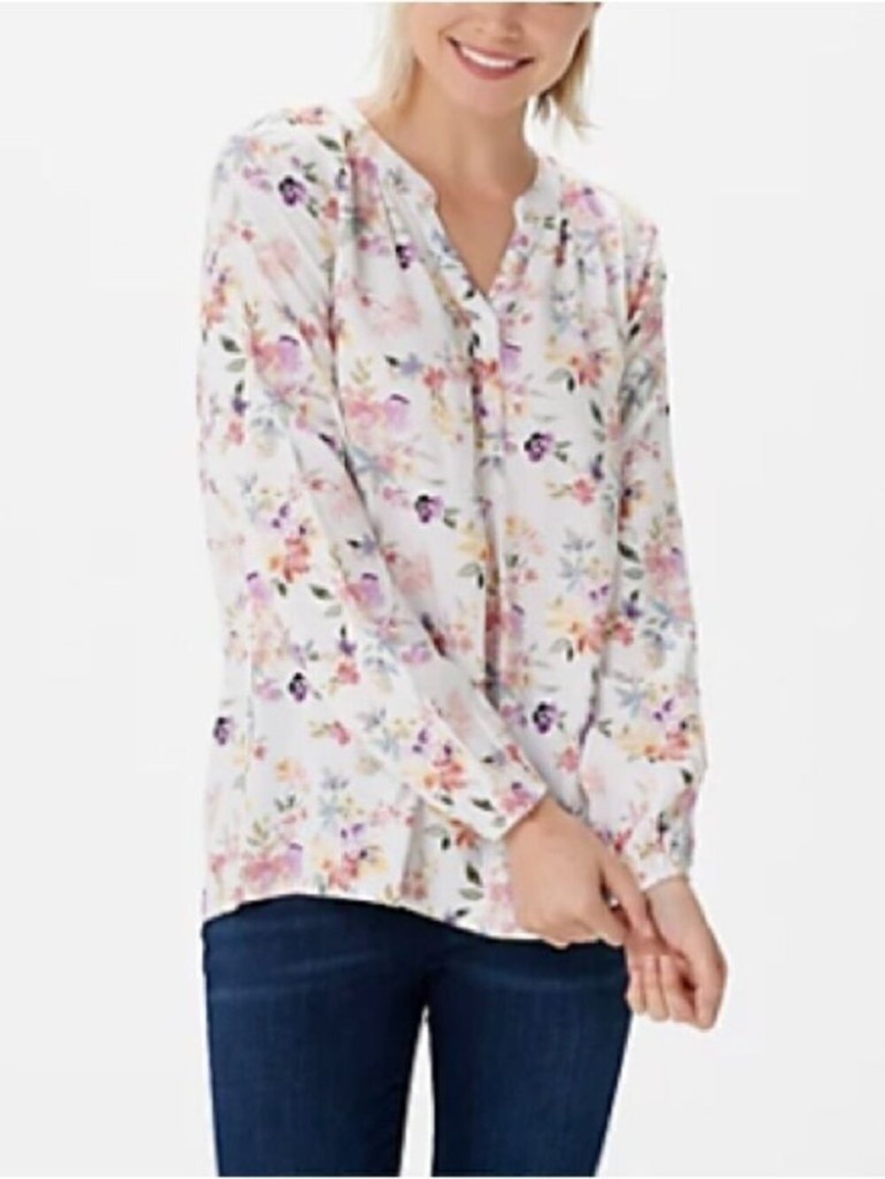 Denim & Co. Printed V-Neck Long-Sleeve Blouse